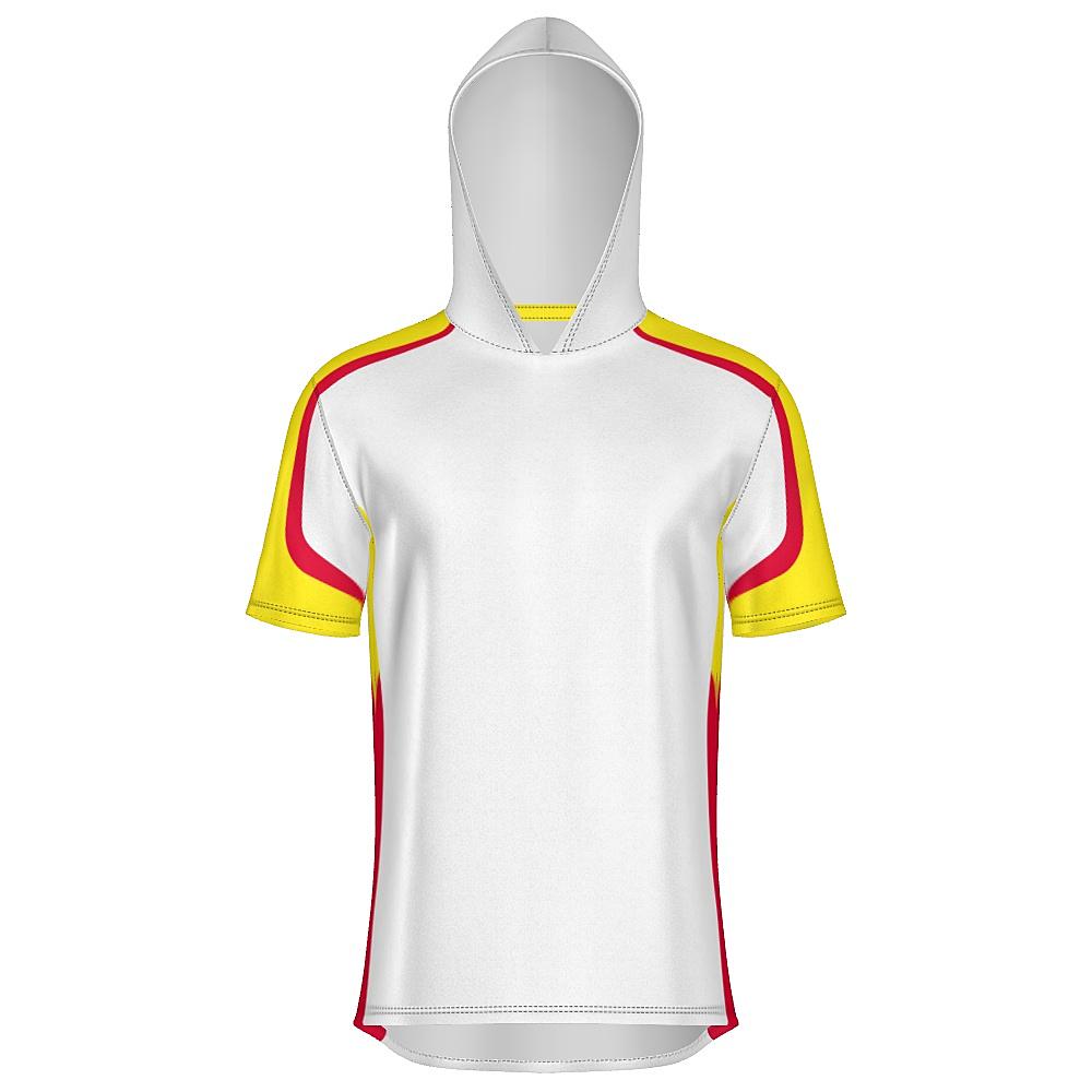 White short-sleeve hoodie with yellow and red accents on a white background
