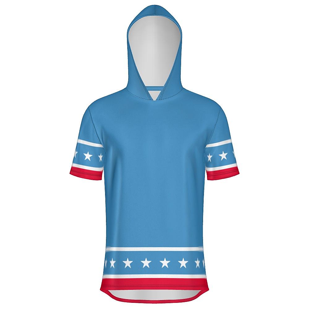 Blue short-sleeve hoodie with white stars and red stripes on a white background