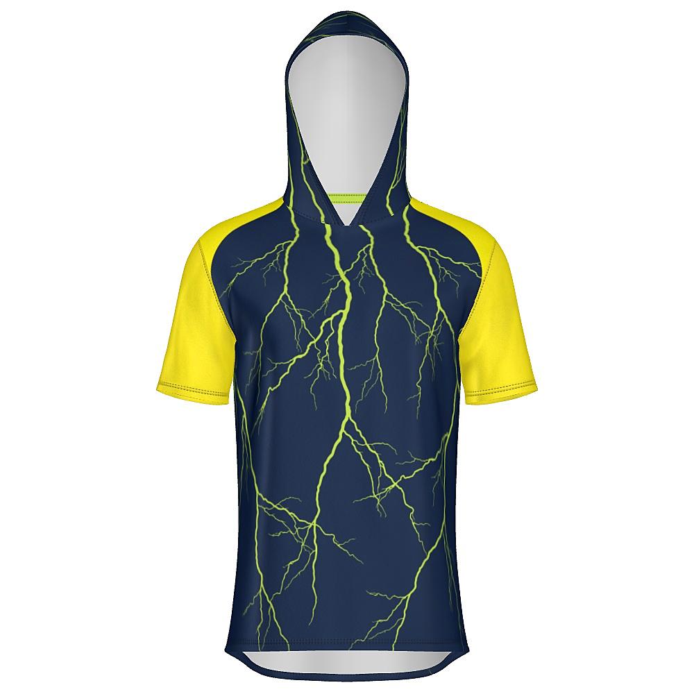 Navy short-sleeve hoodie with yellow sleeves and lightning design on a white background