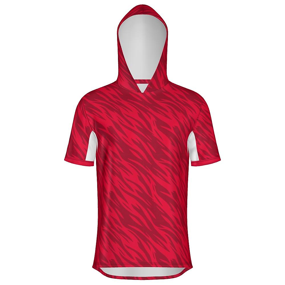 Red short-sleeve hoodie with wavy design and white accents on a white background