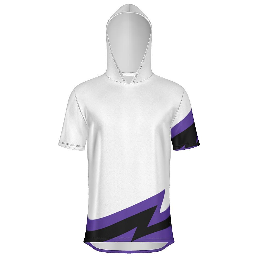 White short-sleeve hoodie with black and purple accents on a white background