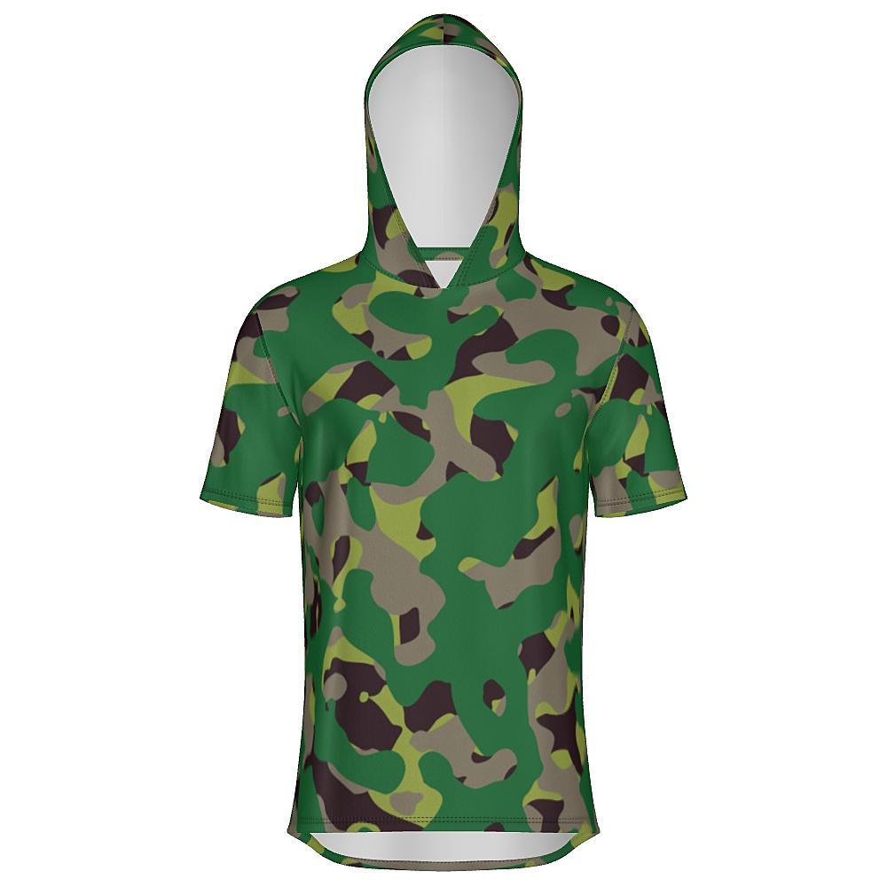 Short-sleeve hoodie with green camouflage design on a white background