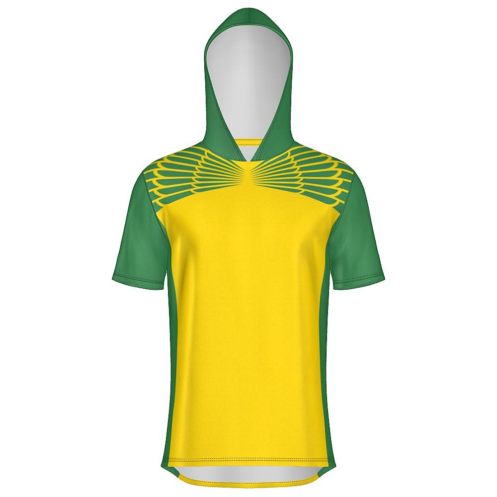 Yellow and green short-sleeve hoodie with feather design on upper chest and back