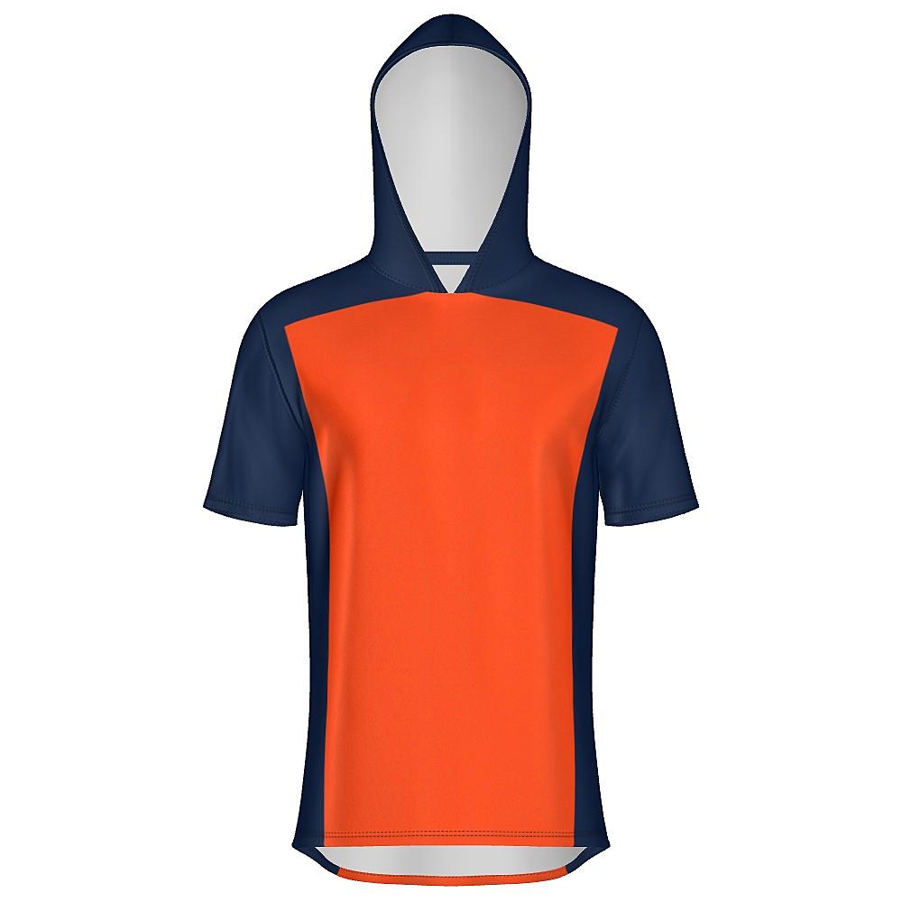 Orange short-sleeve hoodie with navy sides and hood on a white background