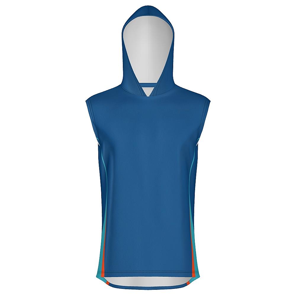 Blue sleeveless hoodie with teal and orange accents on a white background
