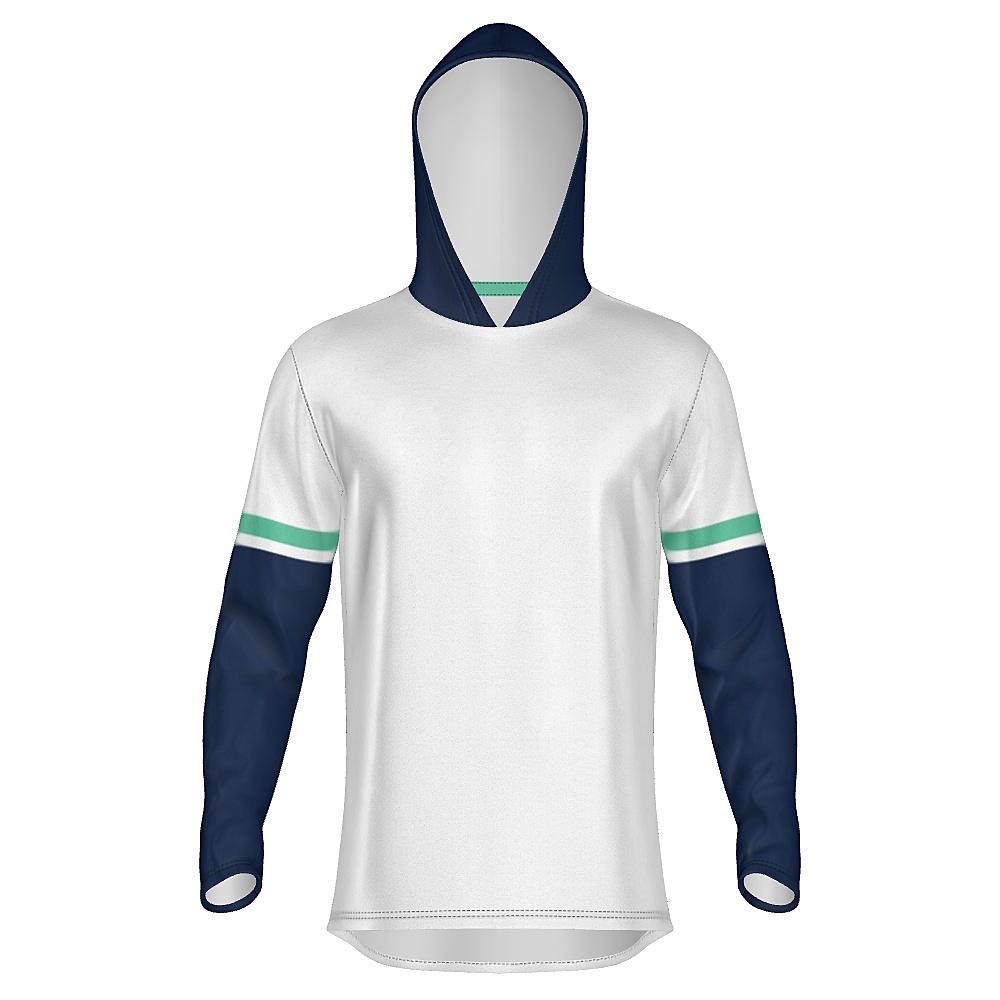 White long-sleeve hoodie with navy and green accents on a white background