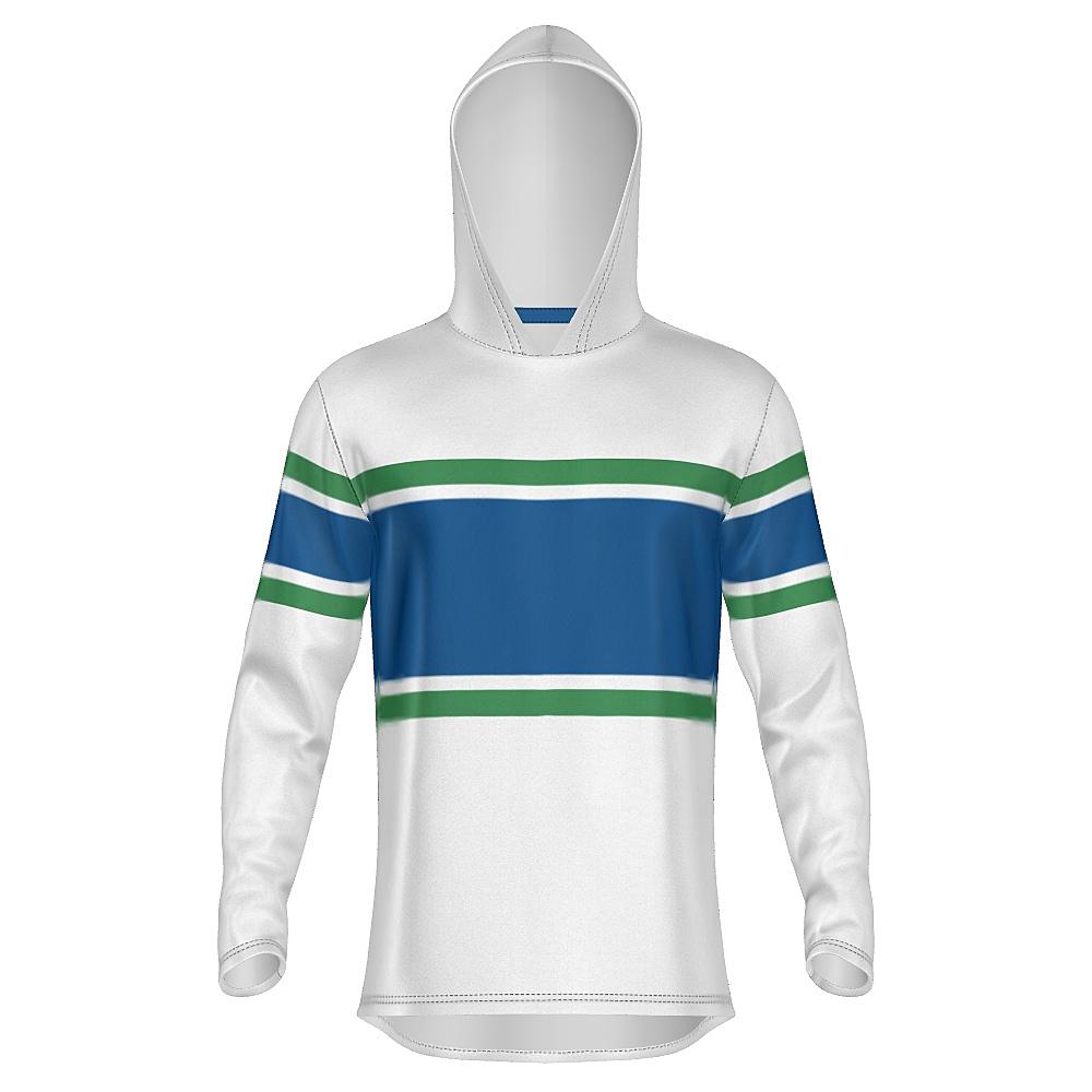 White, blue and green hoodie on a white background