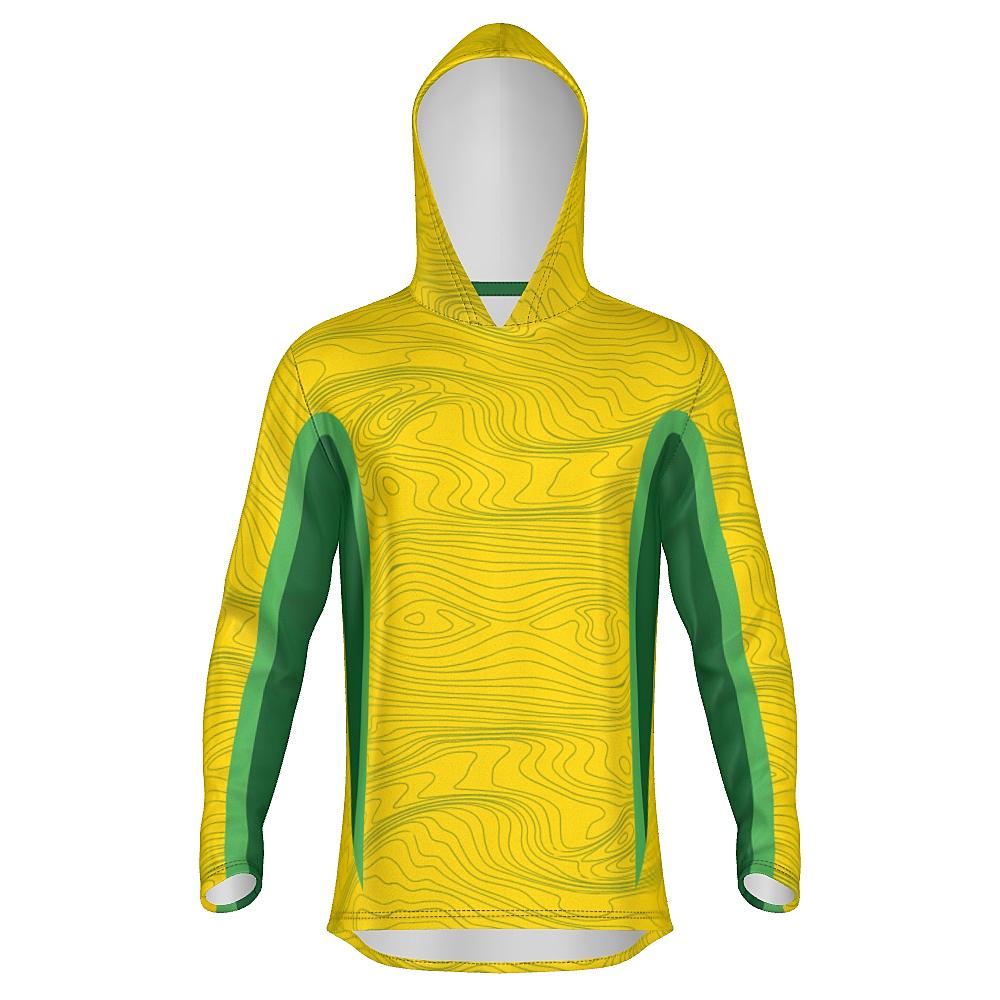 Yellow hoodie with topography design and green accents on a white background