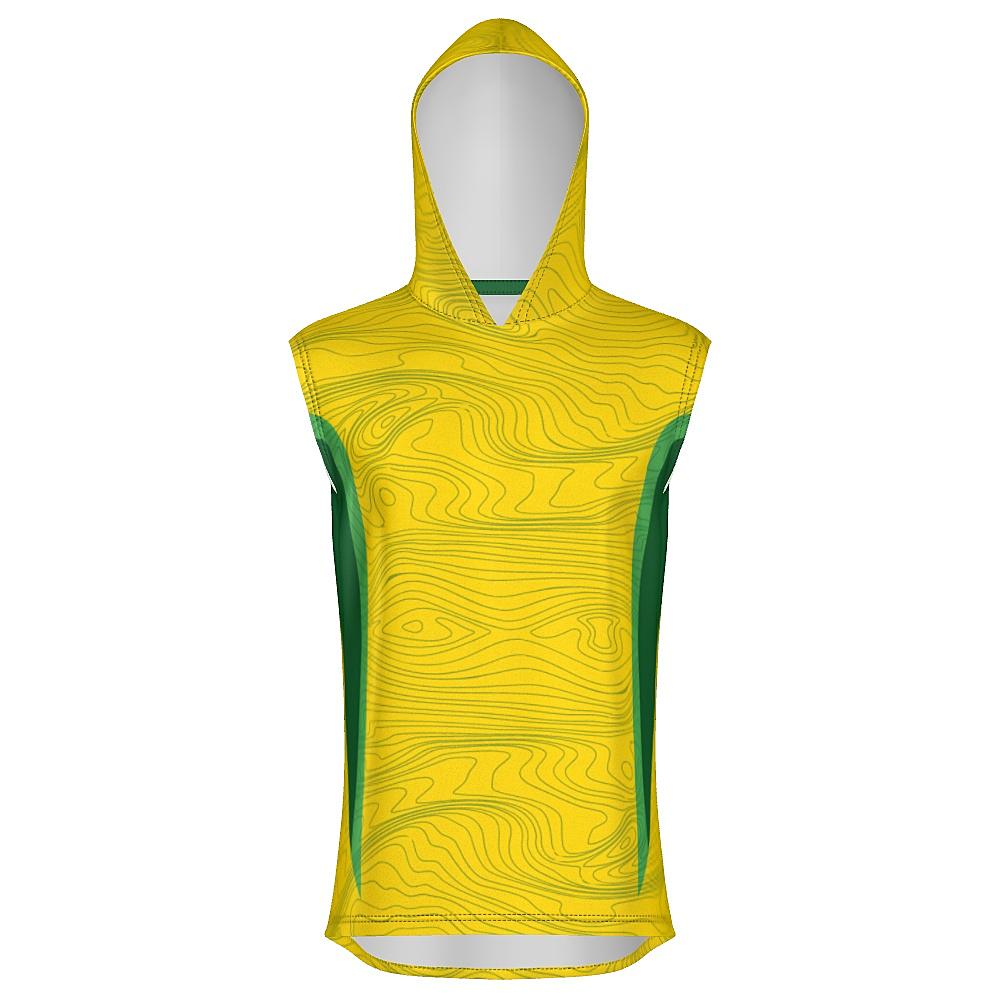 Yellow sleeveless hoodie with topography design and green accents on a white background