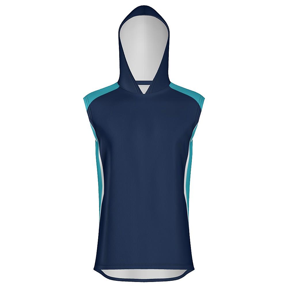 Navy sleeveless hoodie with light blue and white accents on a white background