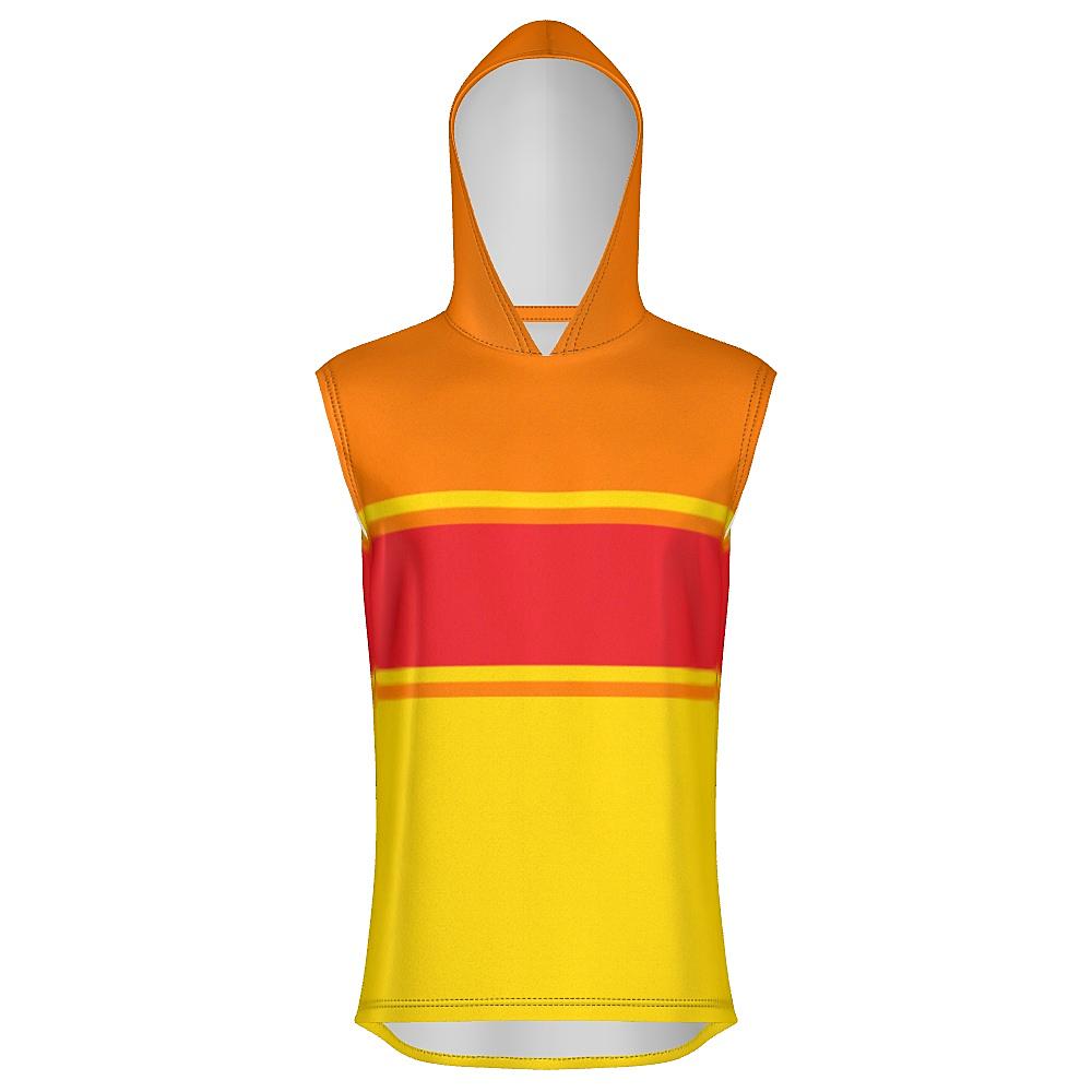 Red, orange and yellow sleeveless hoodie on a white background