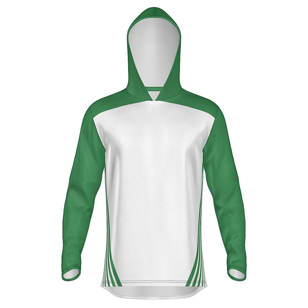 White hoodie with green accents on a white background