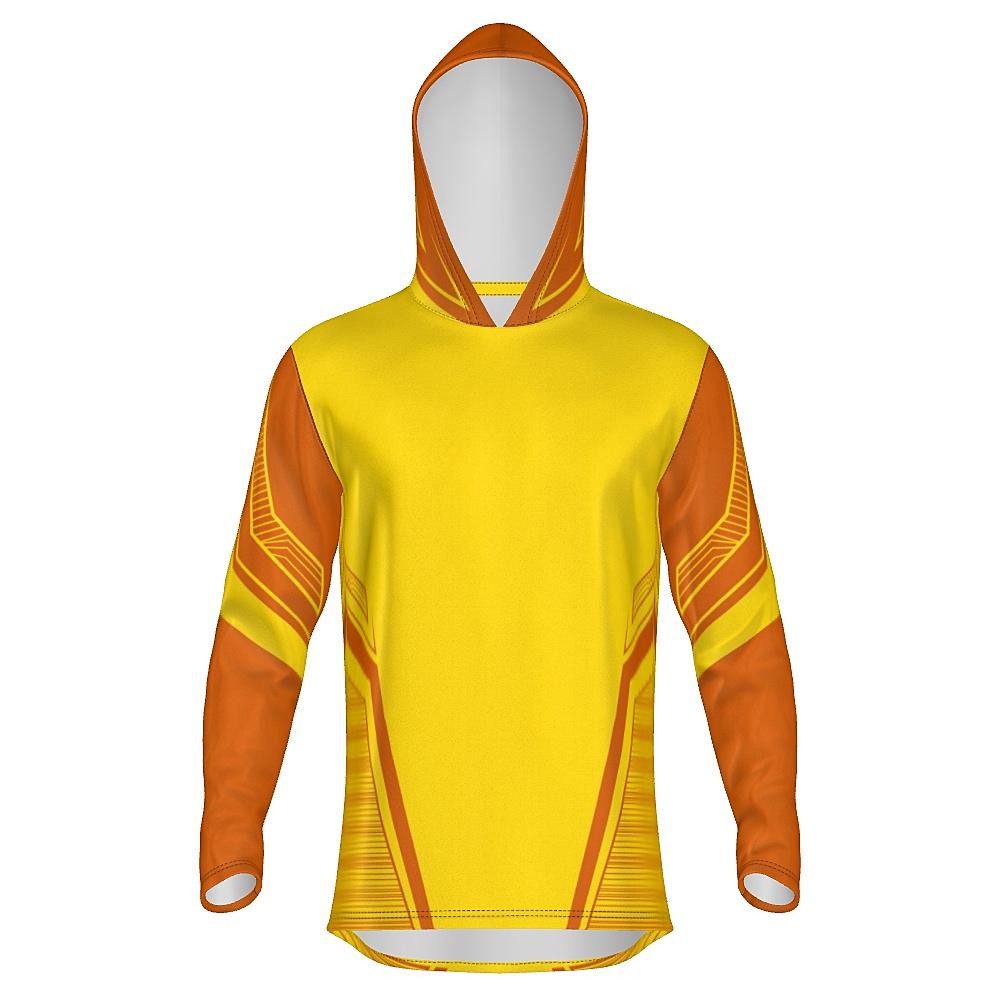 Yellow hoodie with orange accents on a white background