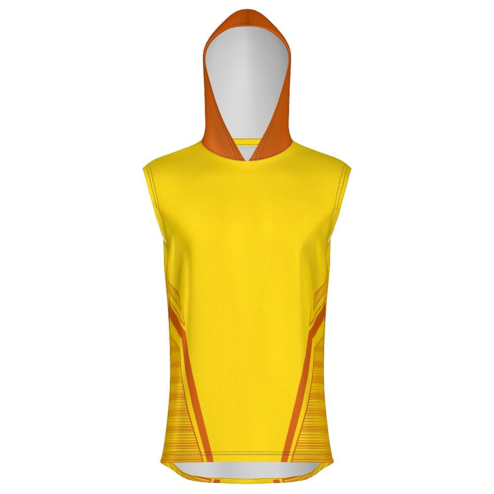 Yellow sleeveless hoodie with orange accents on a white background