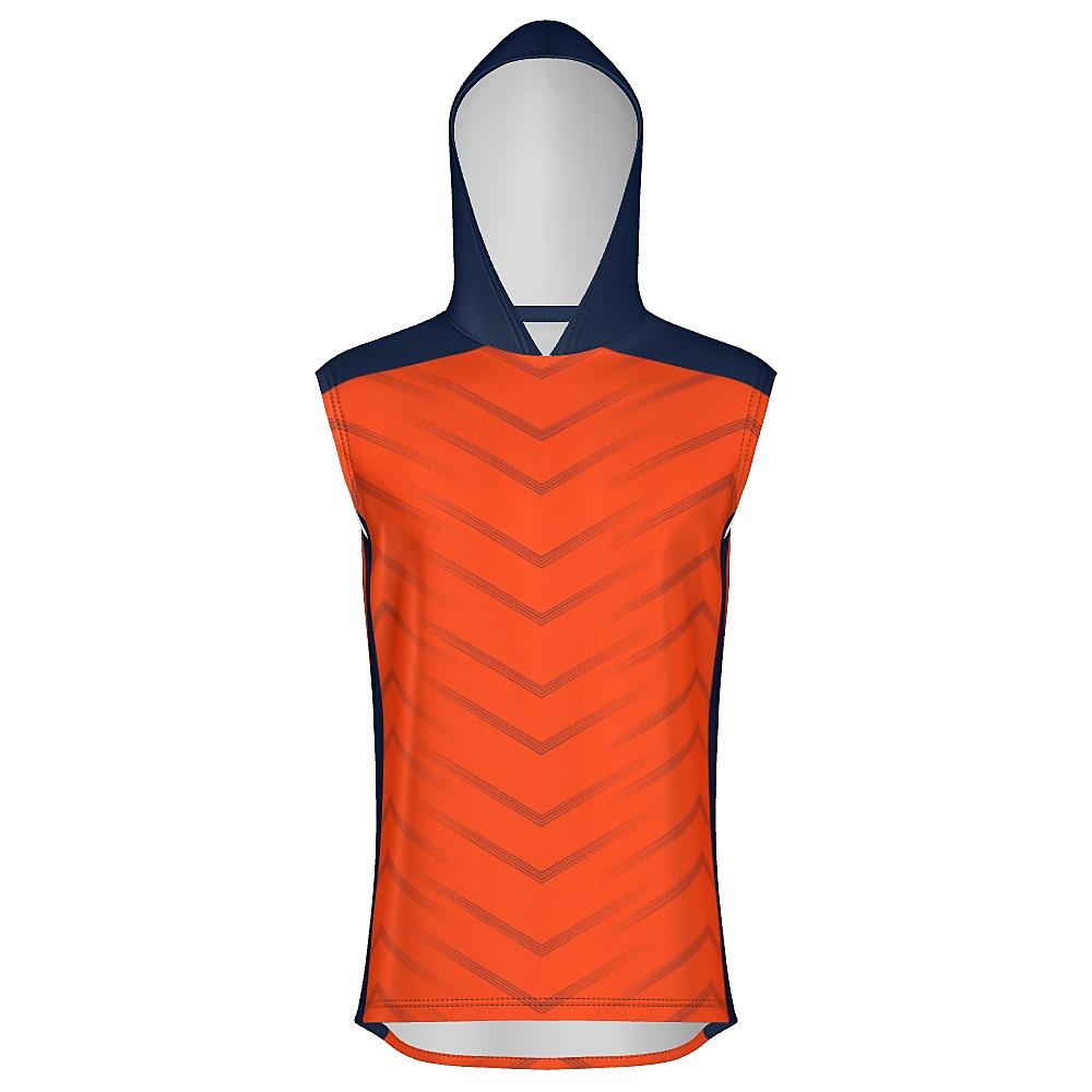 Orange sleeveless hoodie with navy accents and chevron design on a white background