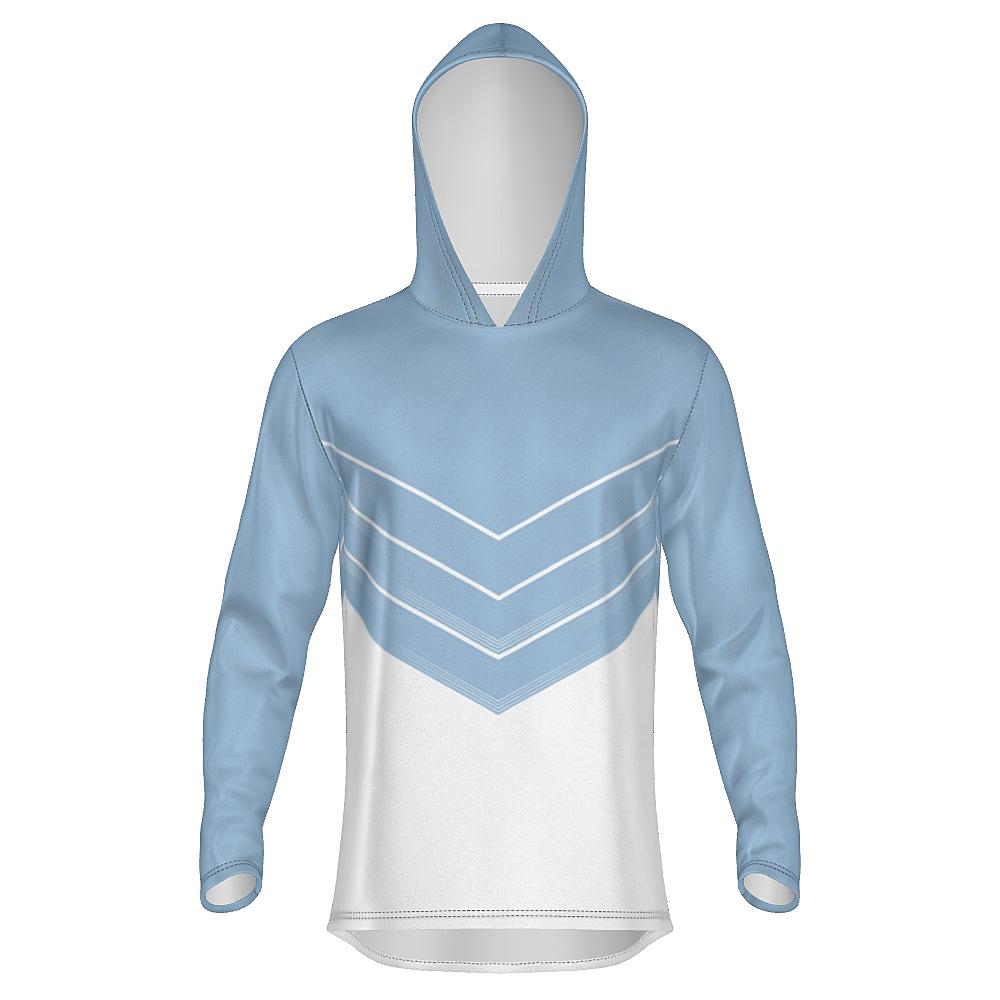 Blue and white hoodie with chevron design on a white background