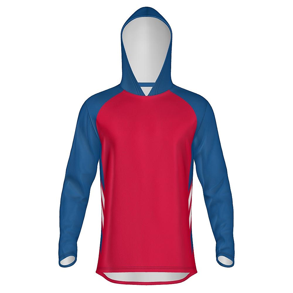 Red hoodie with blue and white accents on a white background