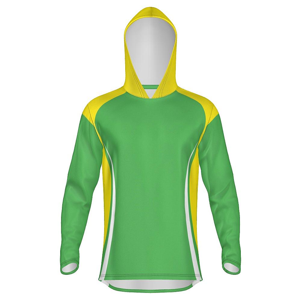 Green hoodie with yellow and white accents on a white background