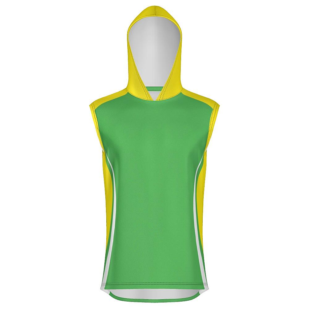 Green sleeveless hoodie with yellow and white accents on a white background