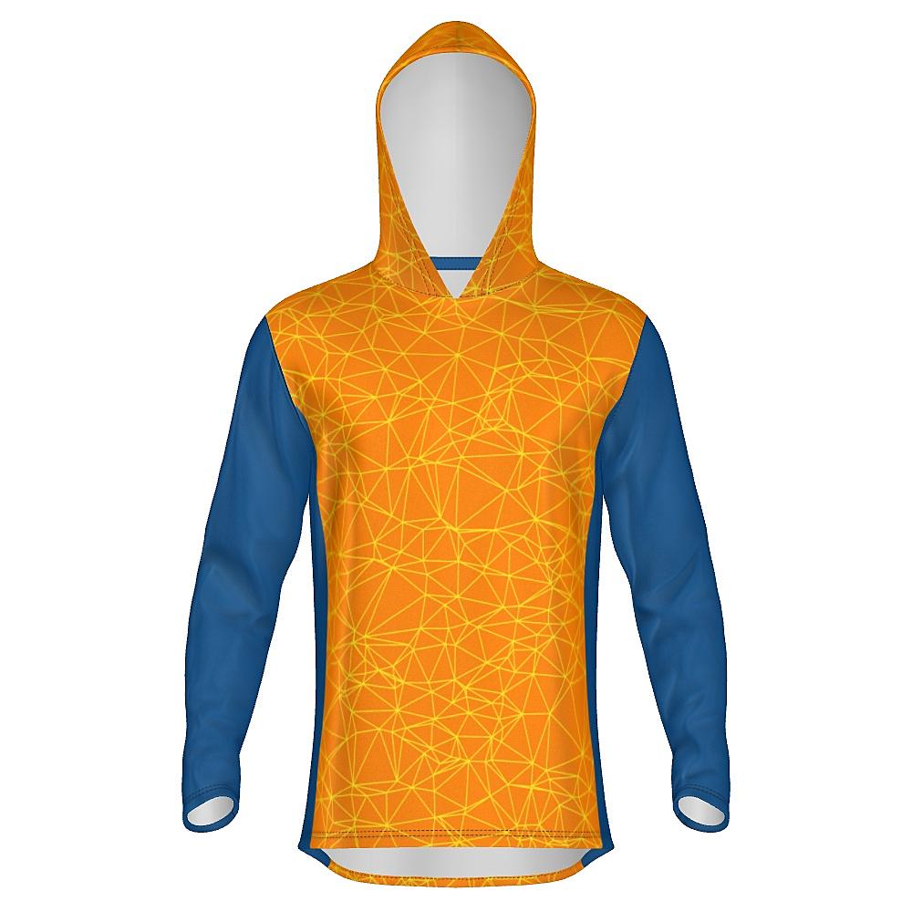 Orange hoodie with yellow geometric design and blue accents on a white background