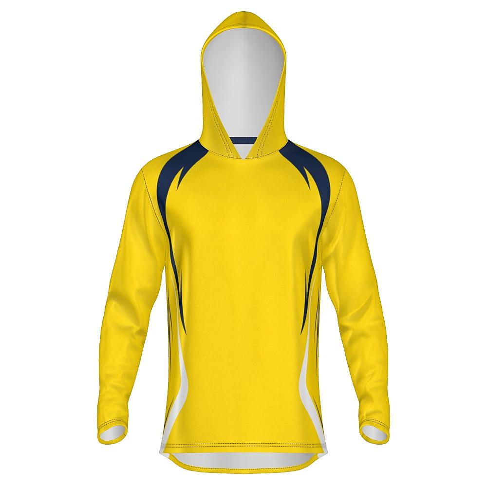 Yellow hoodie with navy and white accents on a white background