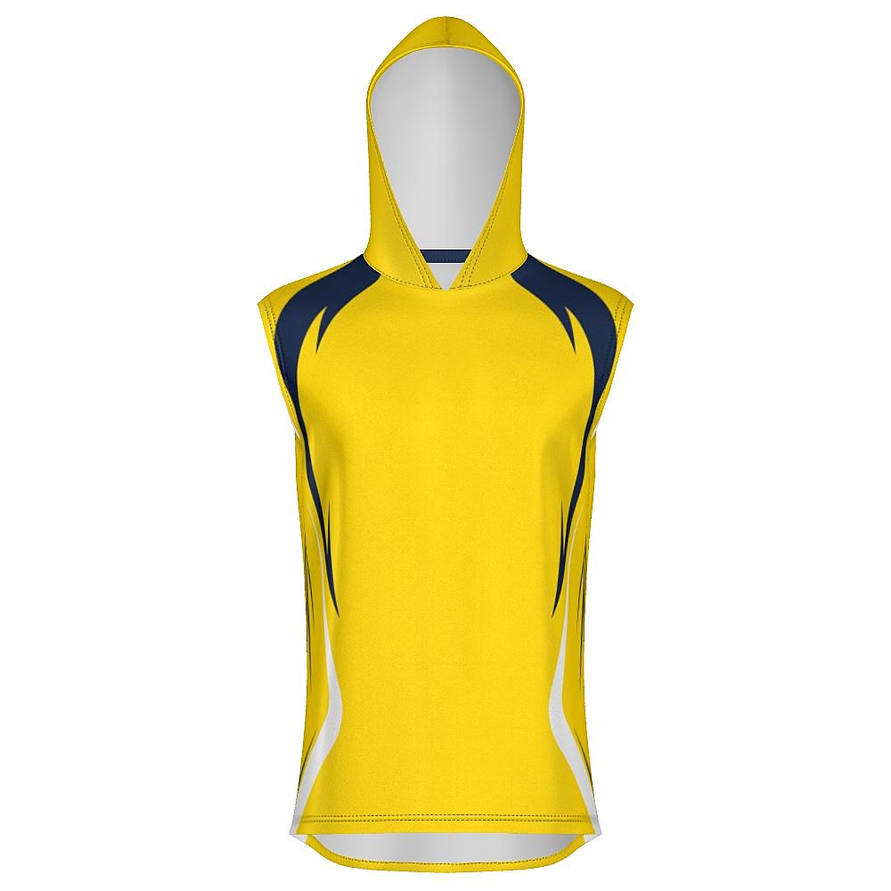 Yellow sleeveless hoodie with navy and white accents on a white background