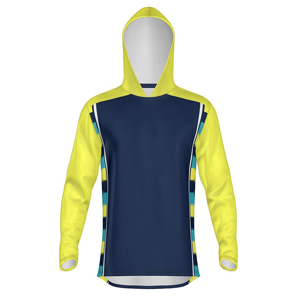 Navy hoodie with yellow sleeves and striped side panels on a white background