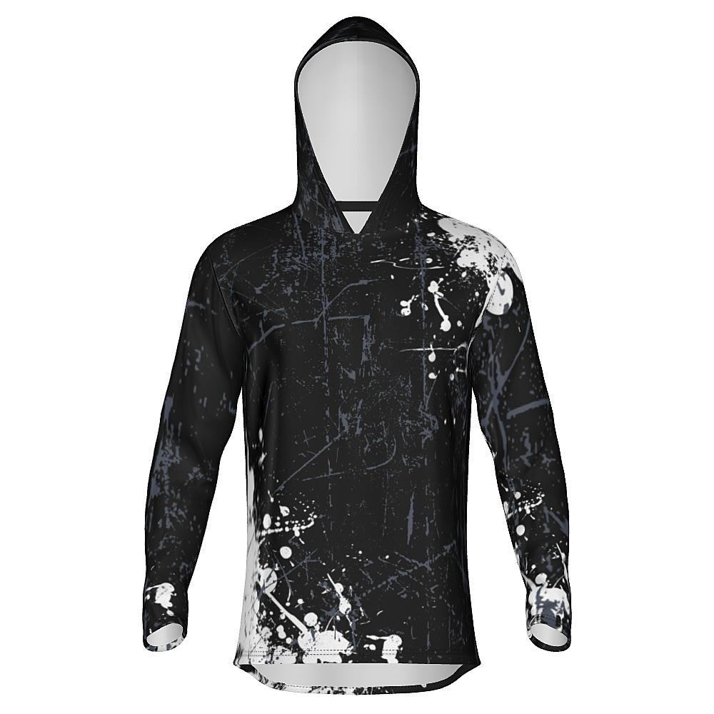 Black hoodie with white and grey distressed design on a white background