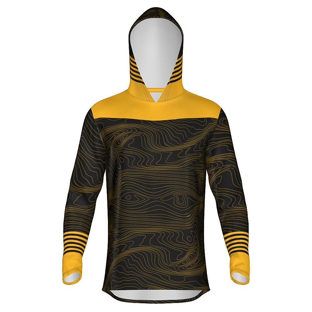 Black hoodie with yellow accents and topographic design on a white background