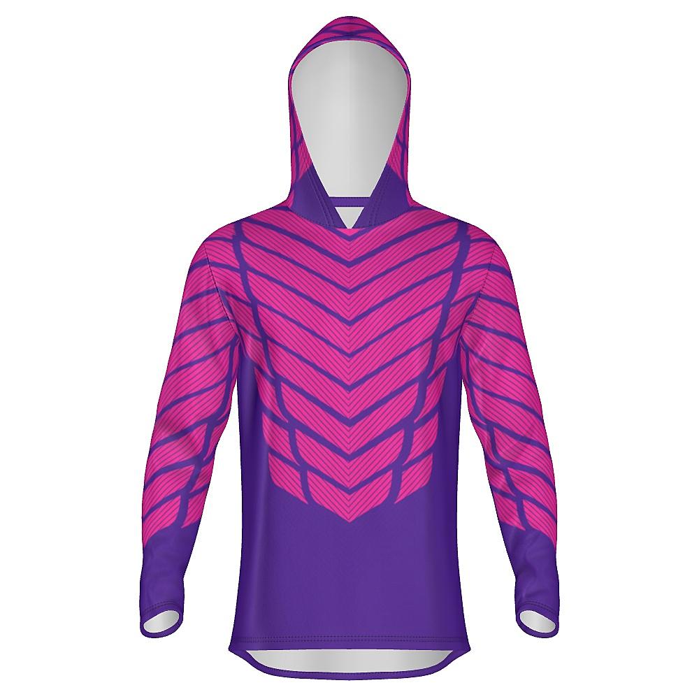 Pink and purple hoodie with striped design on a white background