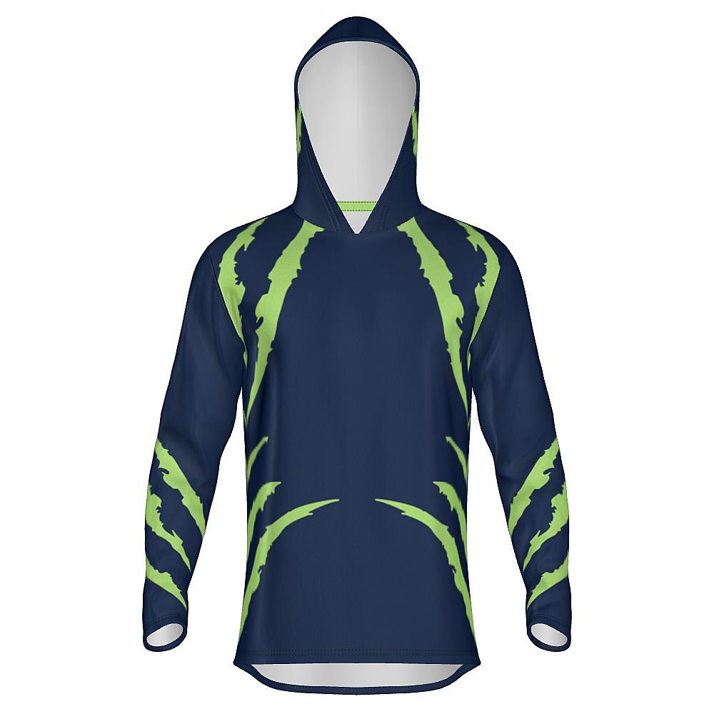 Blue hoodie with green accents on a white background