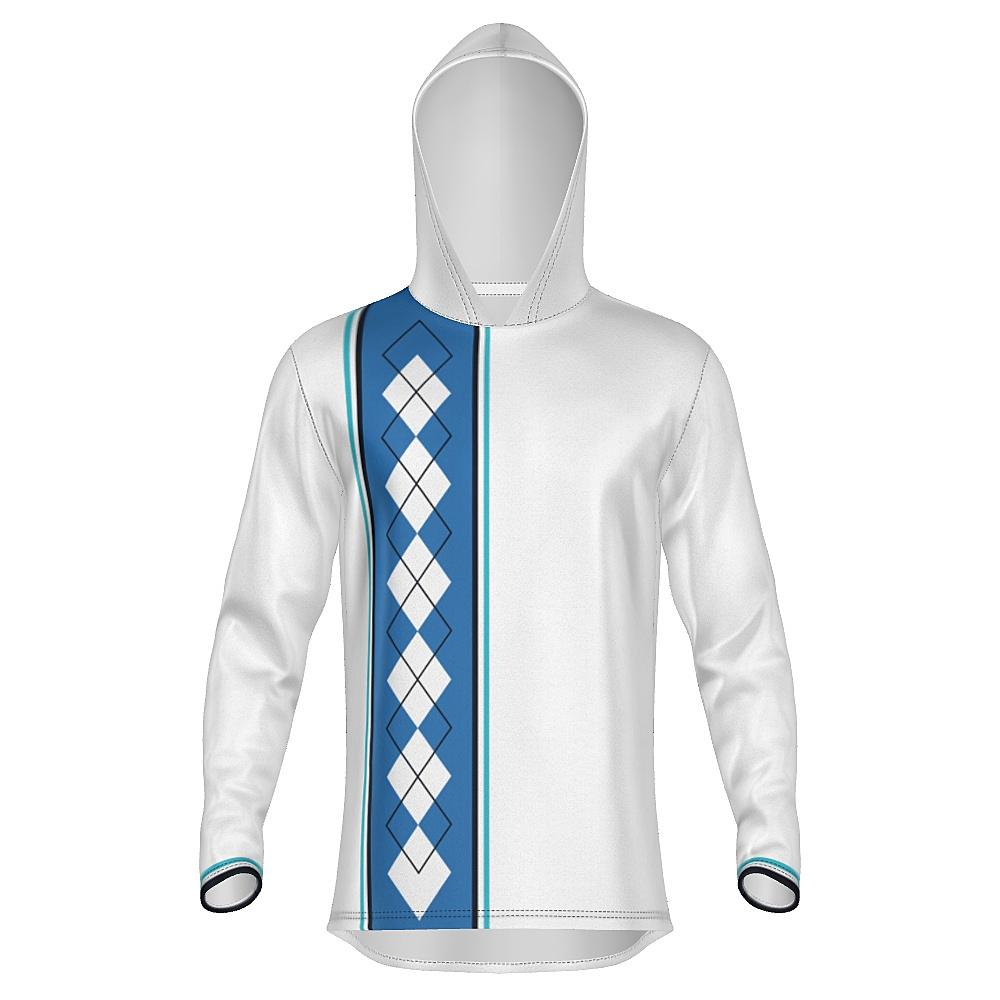 White hoodie with blue argyle design on a white background