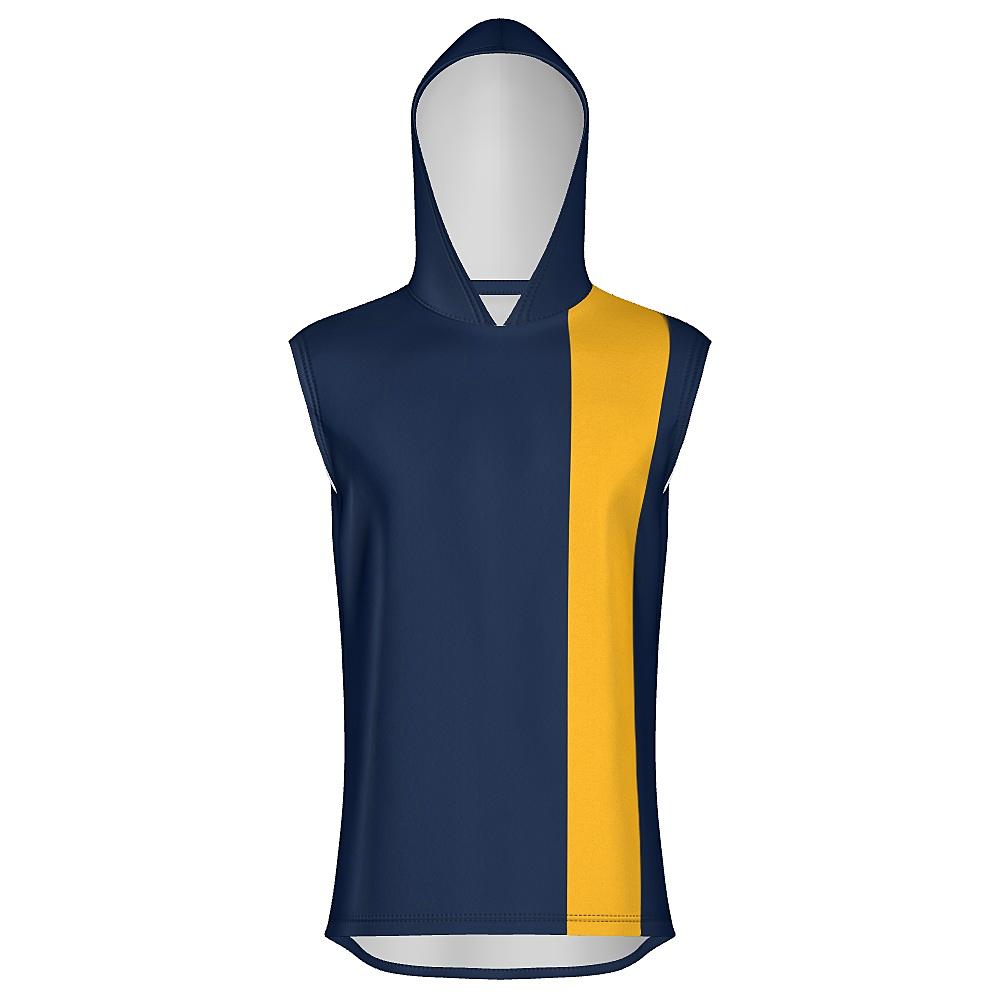 Navy sleeveless hoodie with yellow stripes on a white background