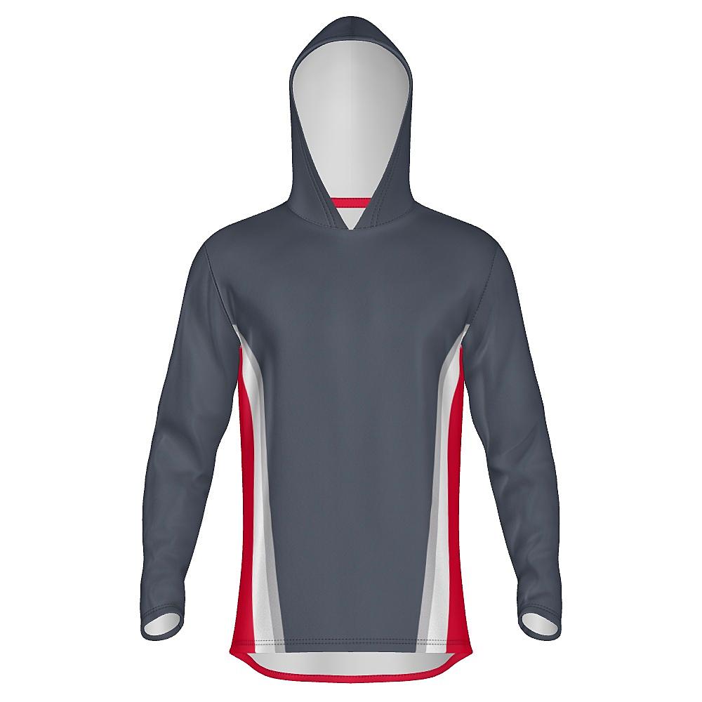 Grey hoodie with white and red accents on a white background