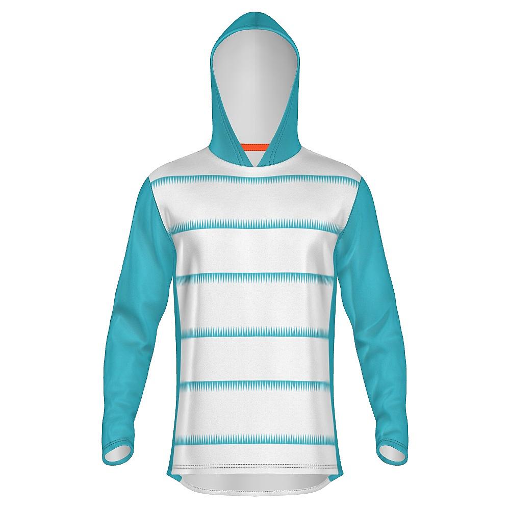 White hoodie with teal sleeves, hood and sawtooth stripes