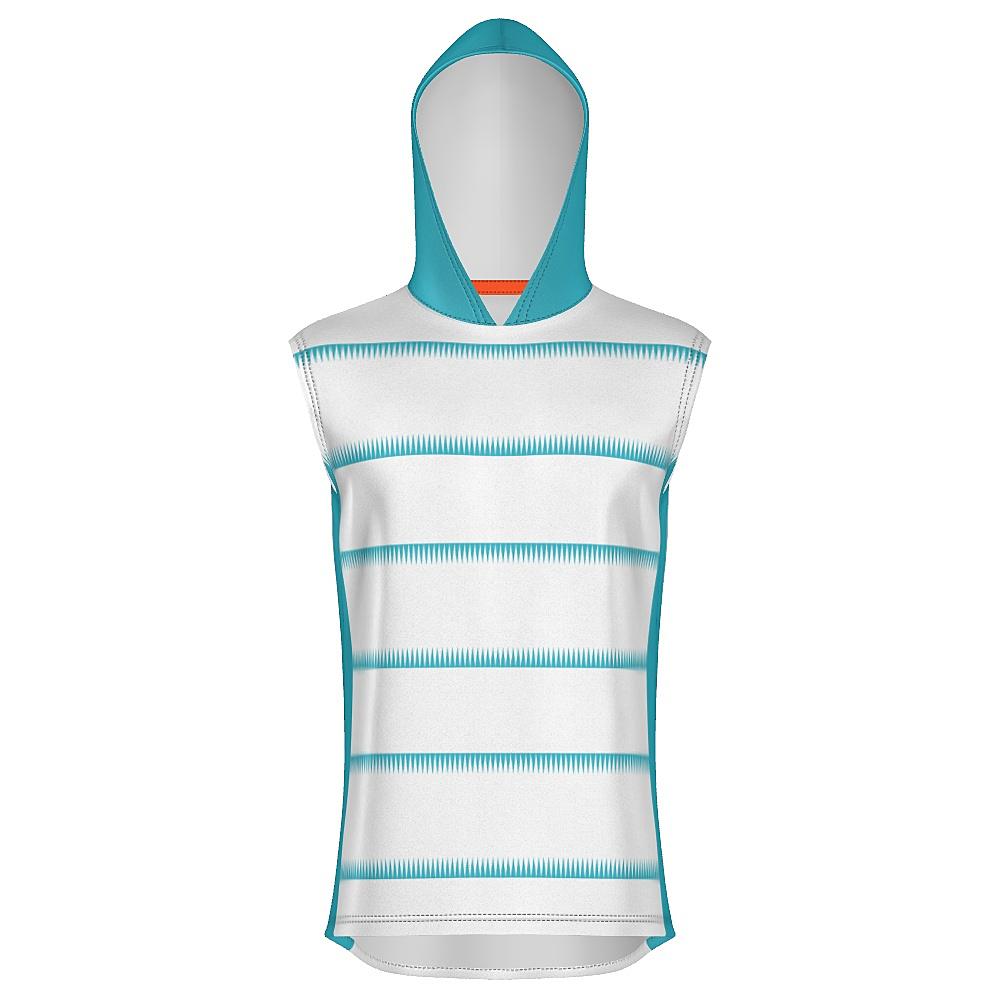 White sleeveless hoodie with teal hood and sawtooth stripes