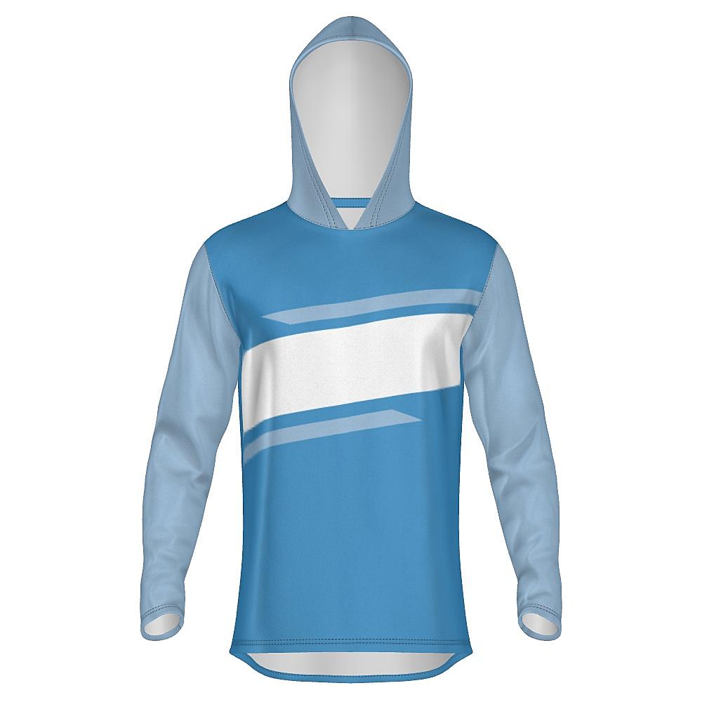 Blue hoodie with contrasting hood & sleeves and white horizontal stripe on a white background