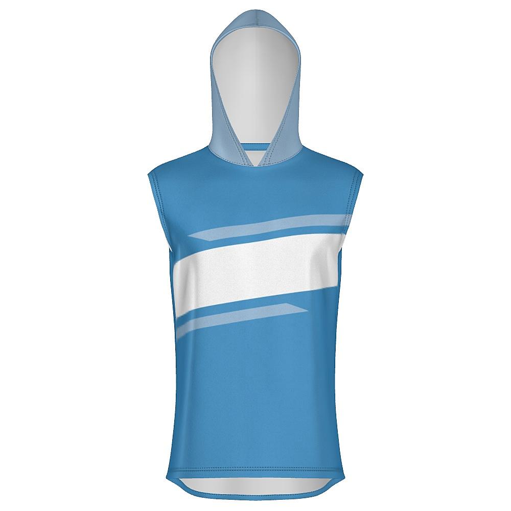 Blue sleeveless hoodie with contrasting hood and white horizontal stripe on a white background