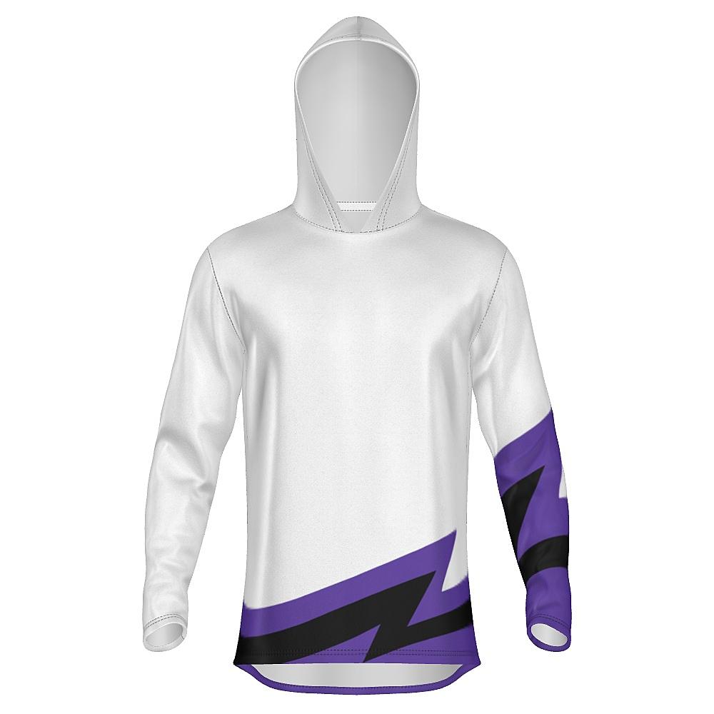White hoodie with black and purple accents on a white background