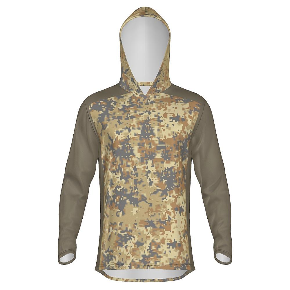 Earth-tone hoodie with digital camo design on a white background