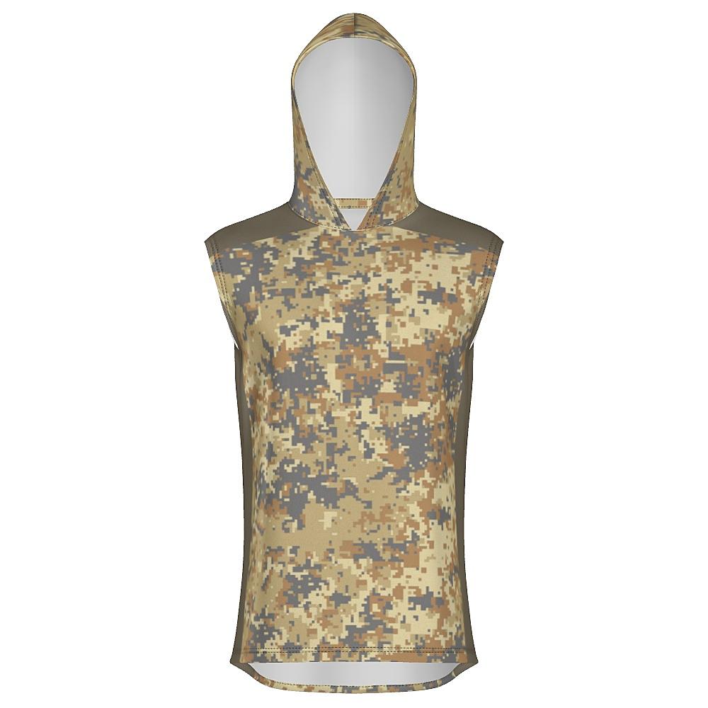 Earth-tone sleeveless hoodie with digital camo design on a white background