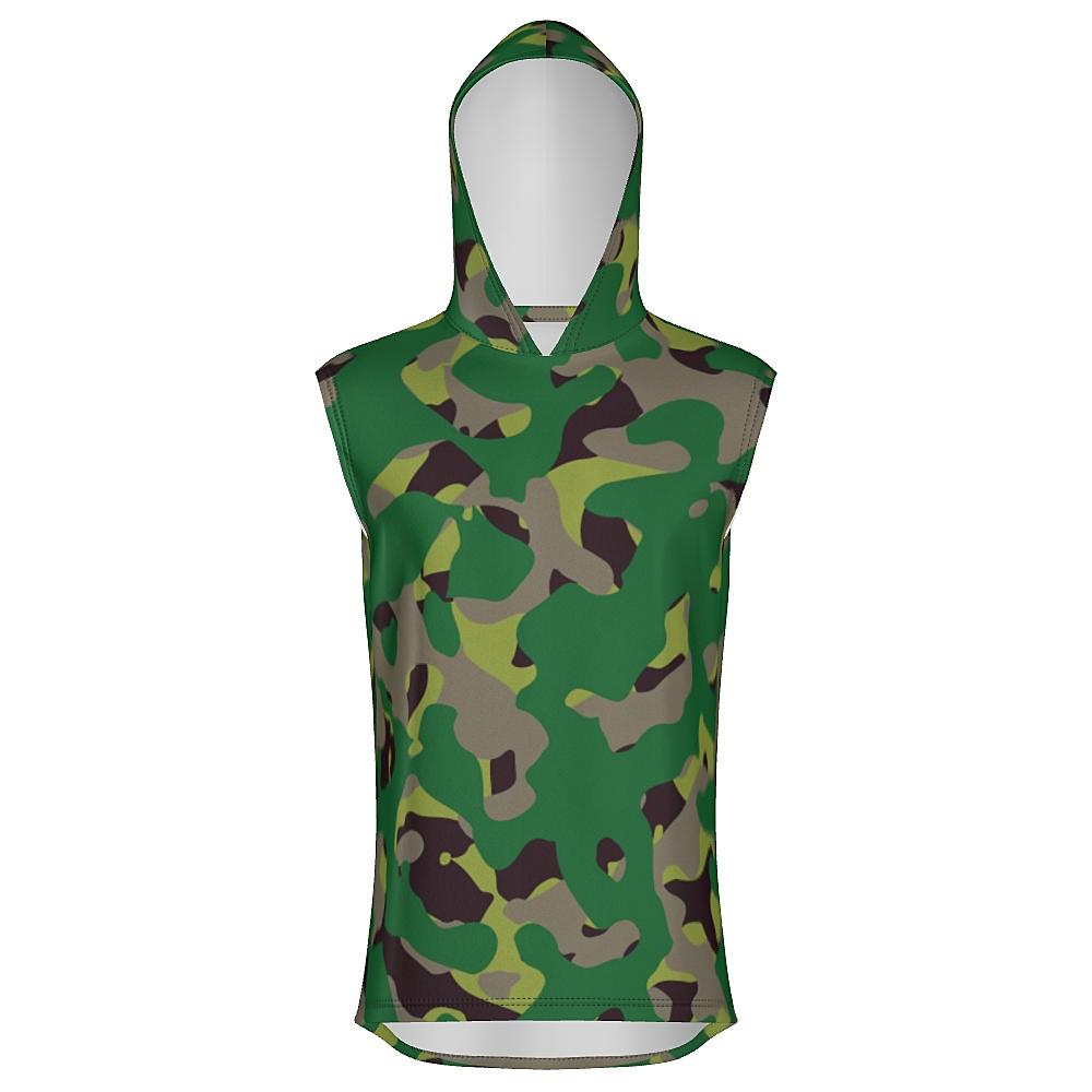 Sleeveless hoodie with green camouflage design on a white background