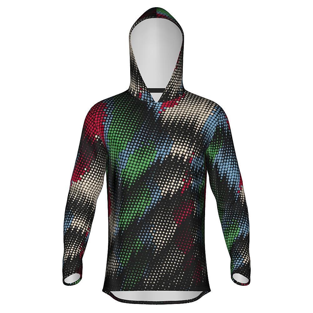 Black hoodie with multicolored dot pattern on a white background
