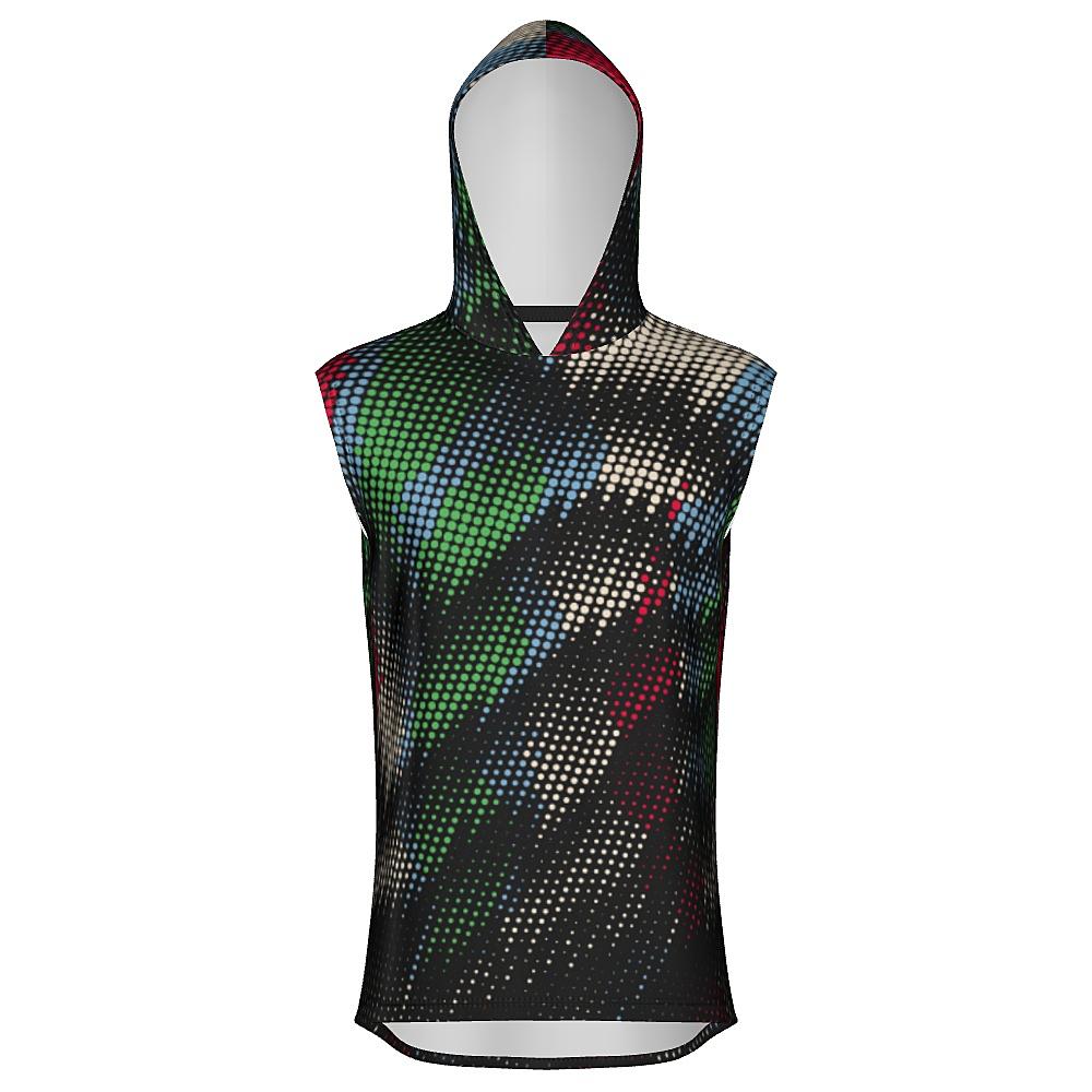 Black sleeveless hoodie with multicolored dot pattern on a white background
