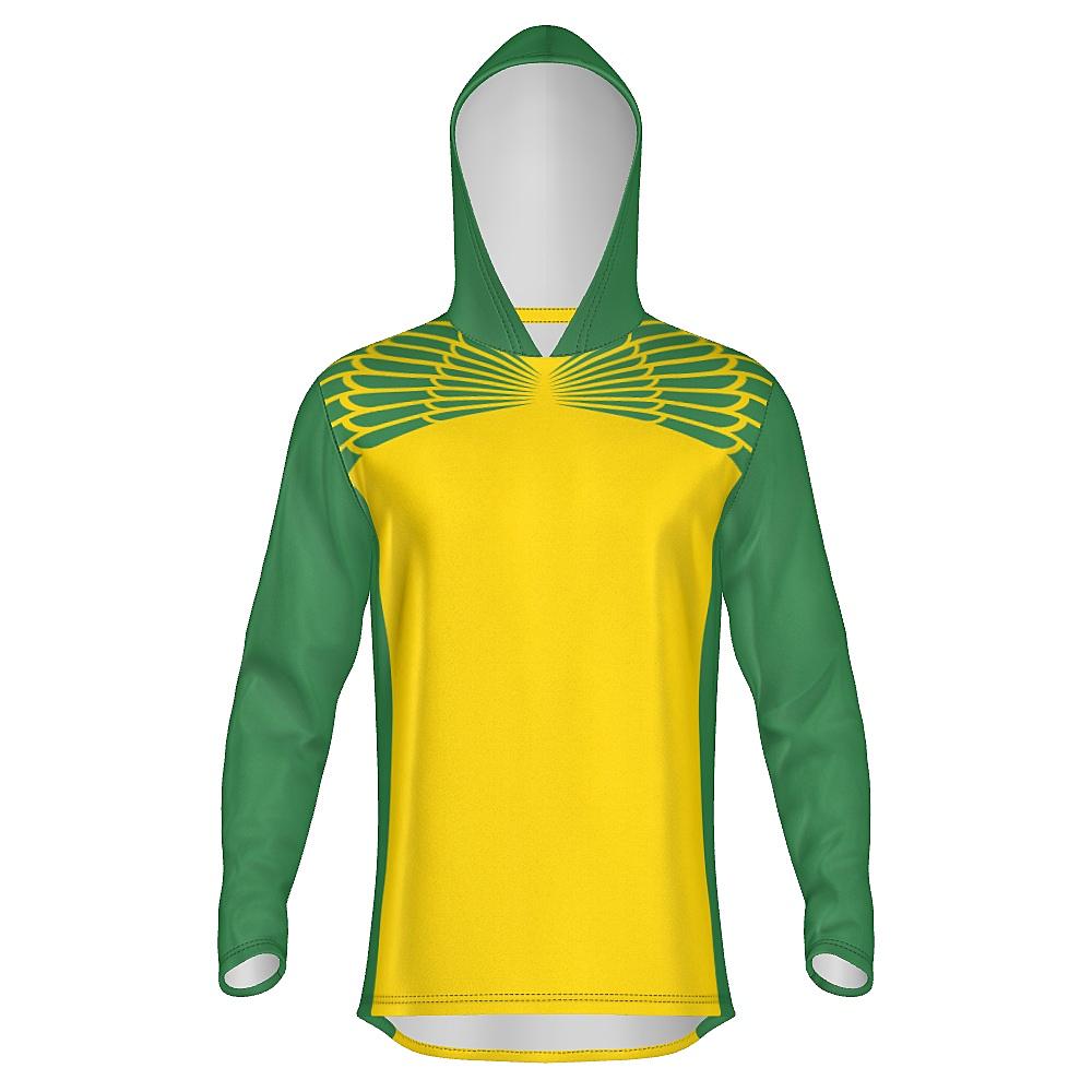 Yellow and green hoodie with feather design on upper chest and back