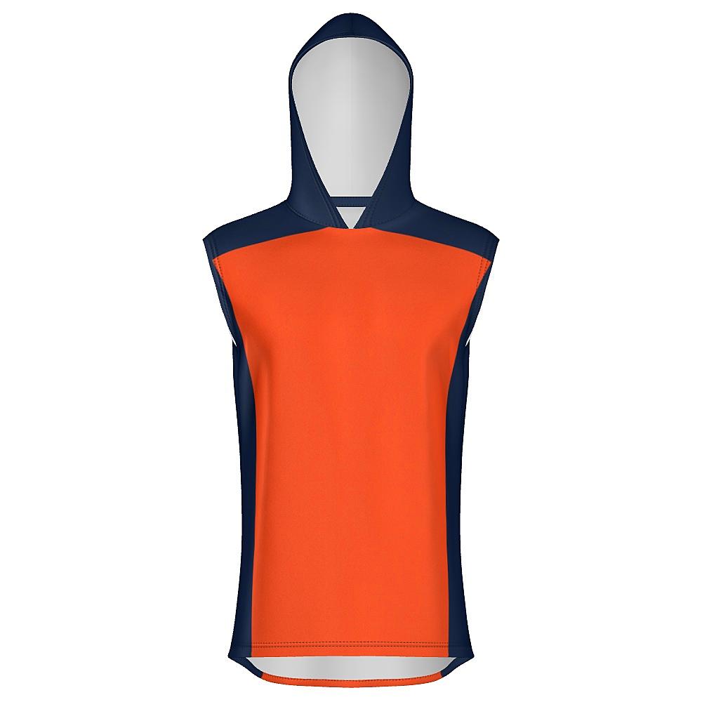 Orange sleeveless hoodie with navy sides and hood on a white background