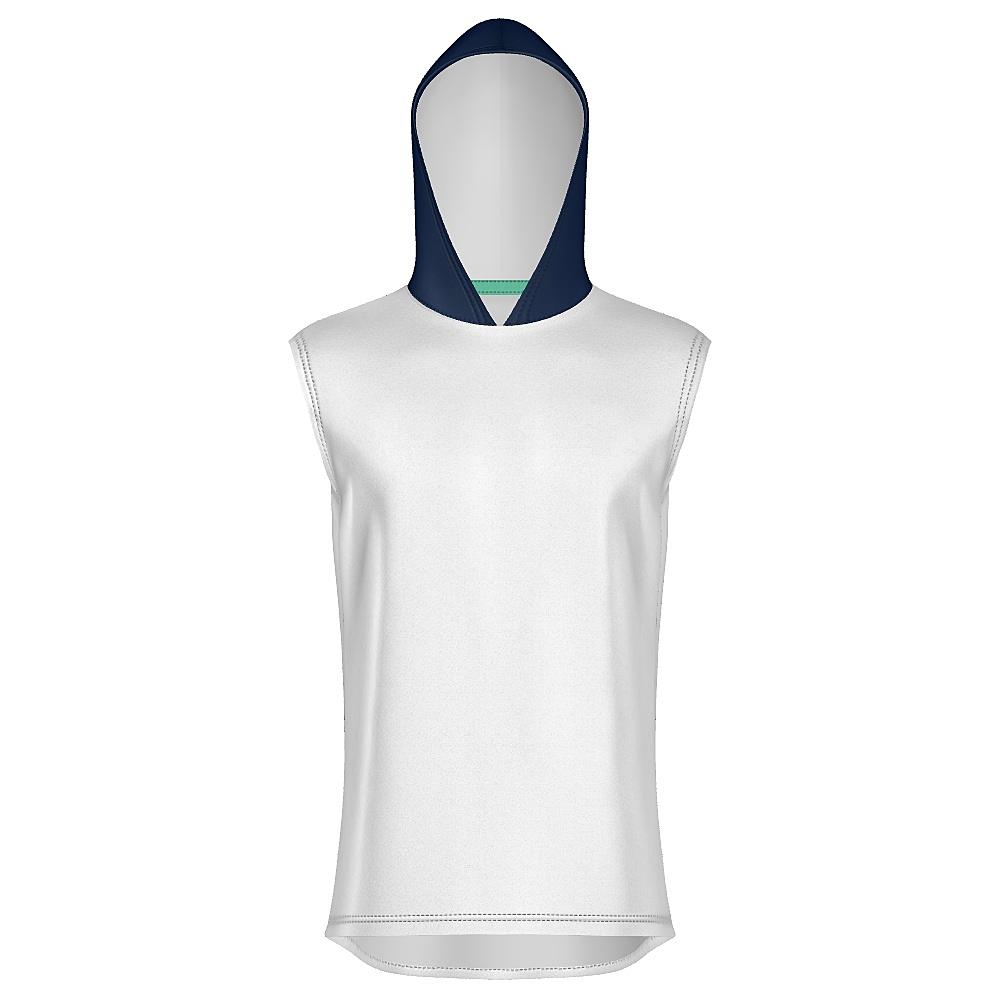 White short-sleeve hoodie with navy hood on a white background