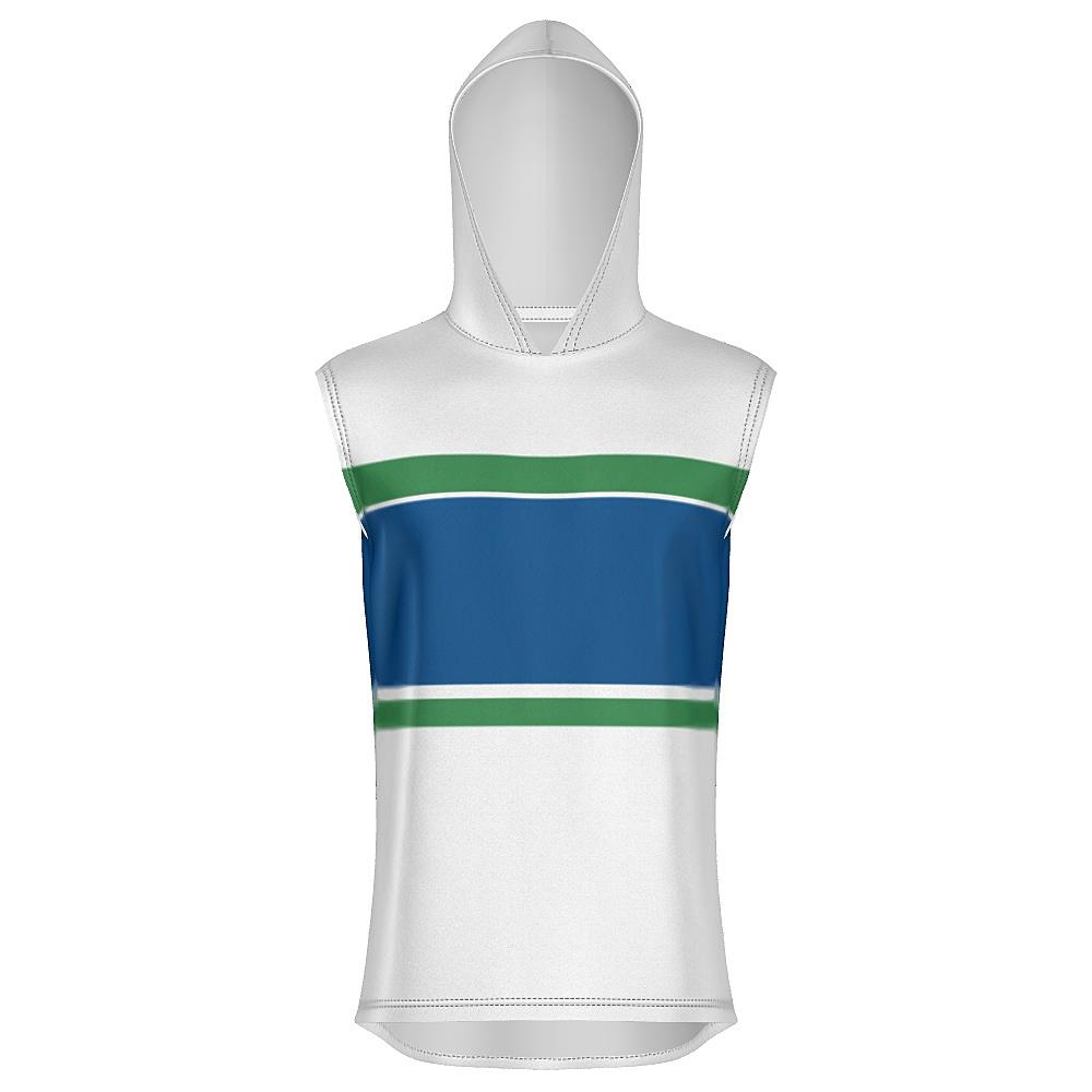 White, blue and green sleeveless hoodie on a white background