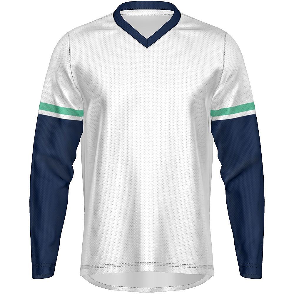 White long-sleeve shirt with navy and green accents on a white background