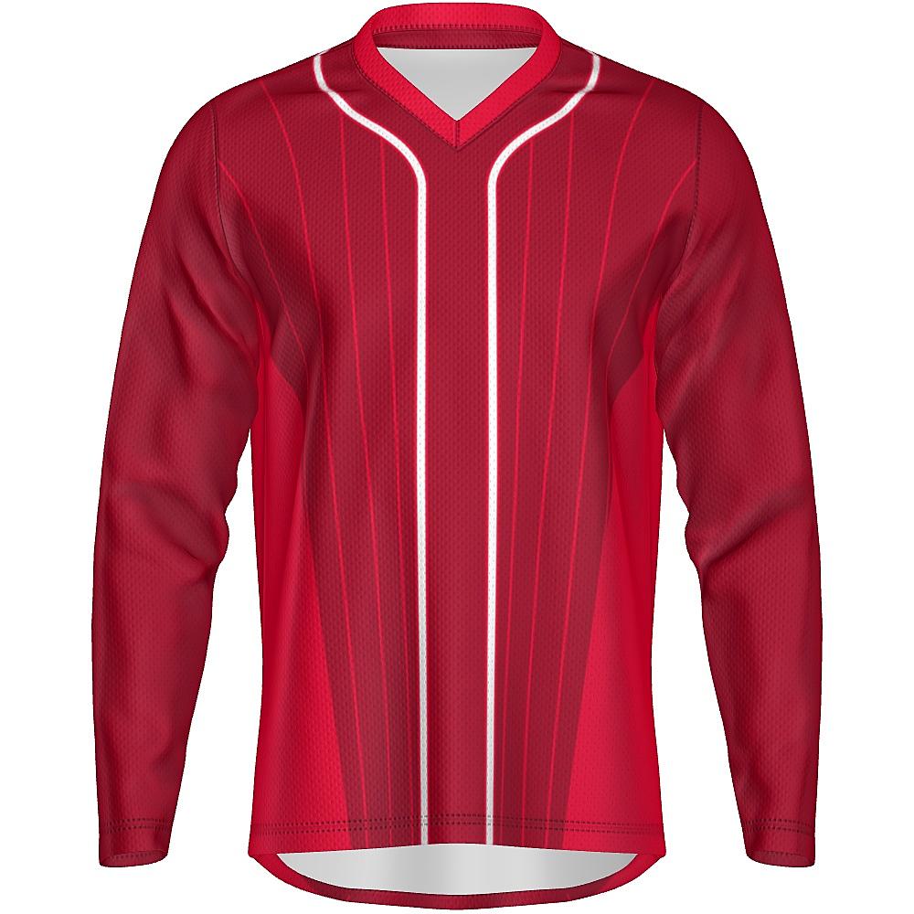 Red long-sleeve shirt with pinstripe design on a white background